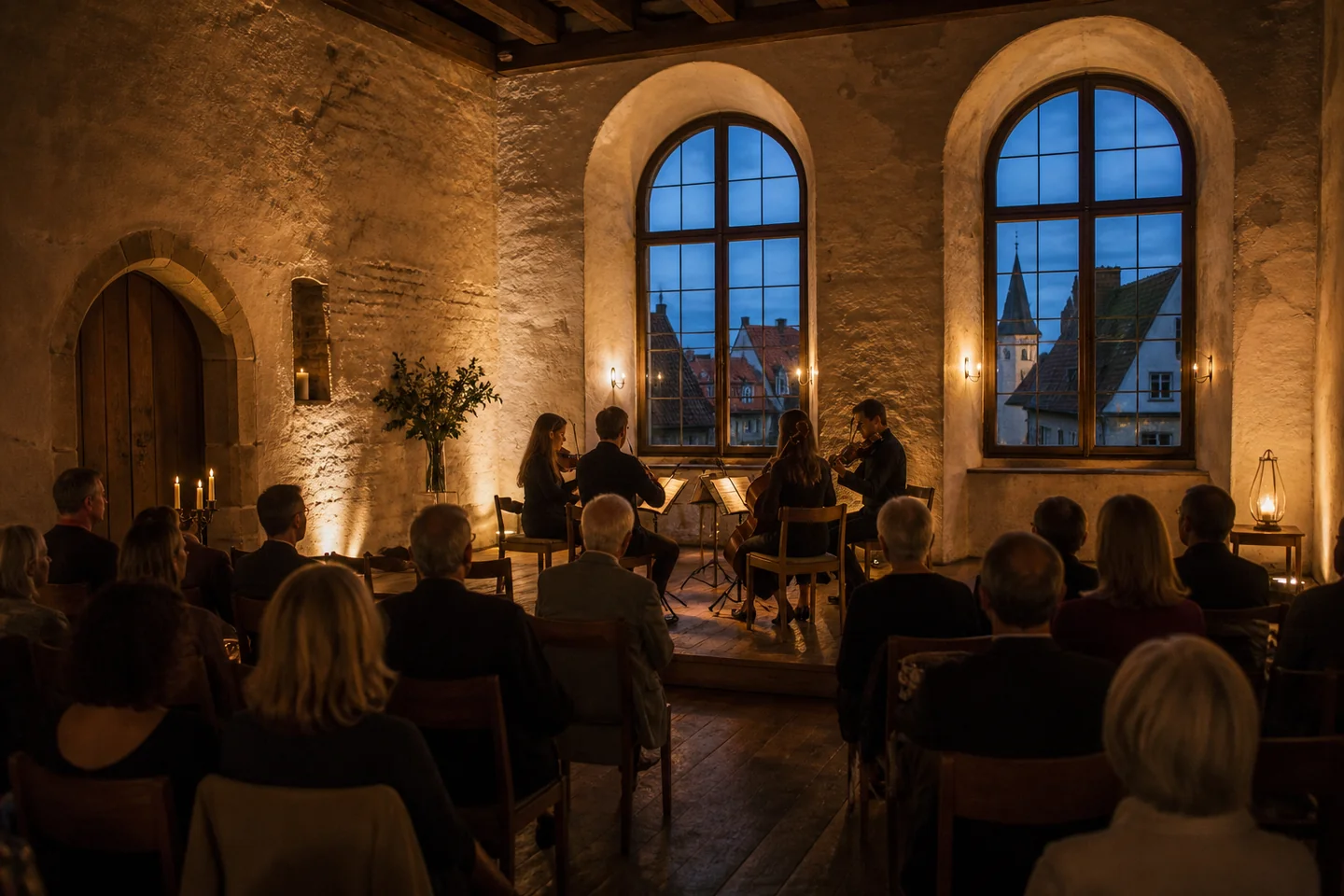 Artwork depicting a string quartet performing for a small audience in a warm historic hall.