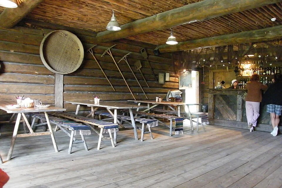 Timber dining room inside Altja Tavern, photographed in 2009.