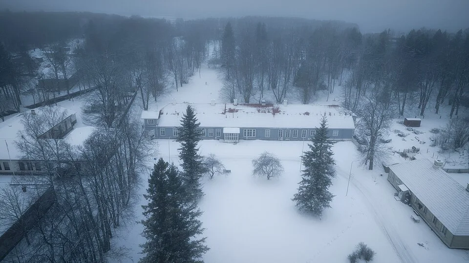 Hiiumaa Museum’s Long House in a winter aerial view, December 2023.