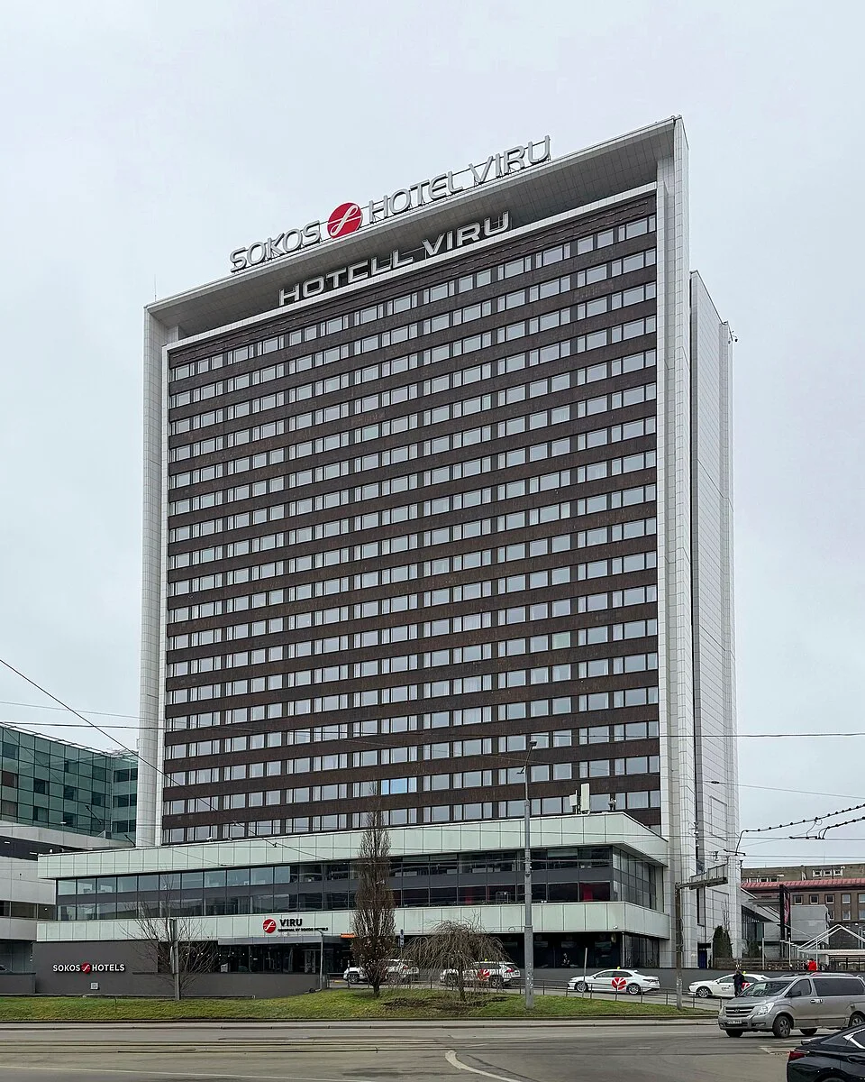Hotel Viru tower with its rooftop hotel signs
